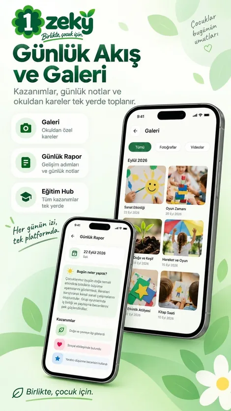 Günlük akış ve galeri: günlük rapor, kazanımlar ve okuldan fotoğraflar bir arada.