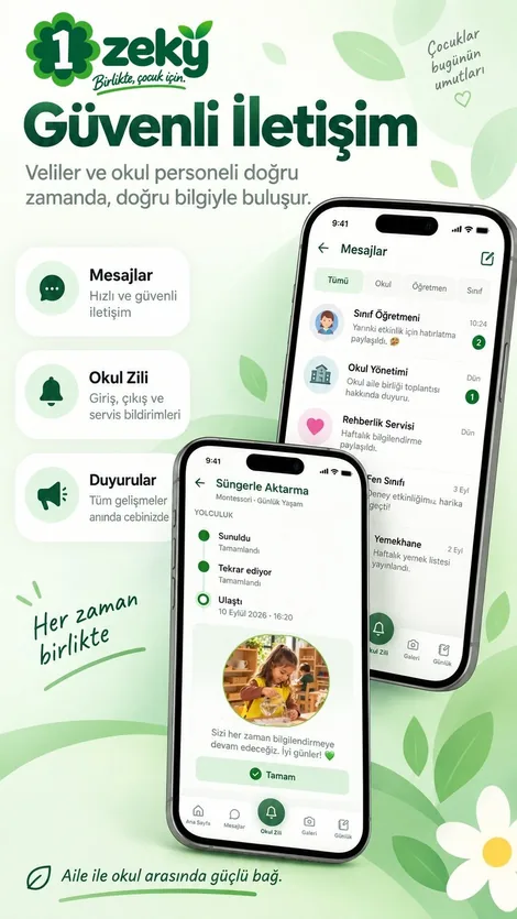 Güvenli iletişim: veli ve okul arasında mesajlar, okul zili bildirimleri ve duyurular.