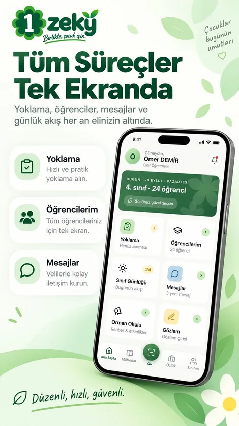 Tüm süreçler tek ekranda: öğretmen ana sayfasında yoklama, öğrenciler, mesajlar, sınıf günlüğü ve gözlem kısayolları.